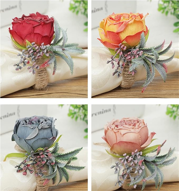 Floral Napkin Rings Set of 6,Rustic Rose Napkin Rings Flower Dinner Napkin Holder for Table Decoration (26#Blue)