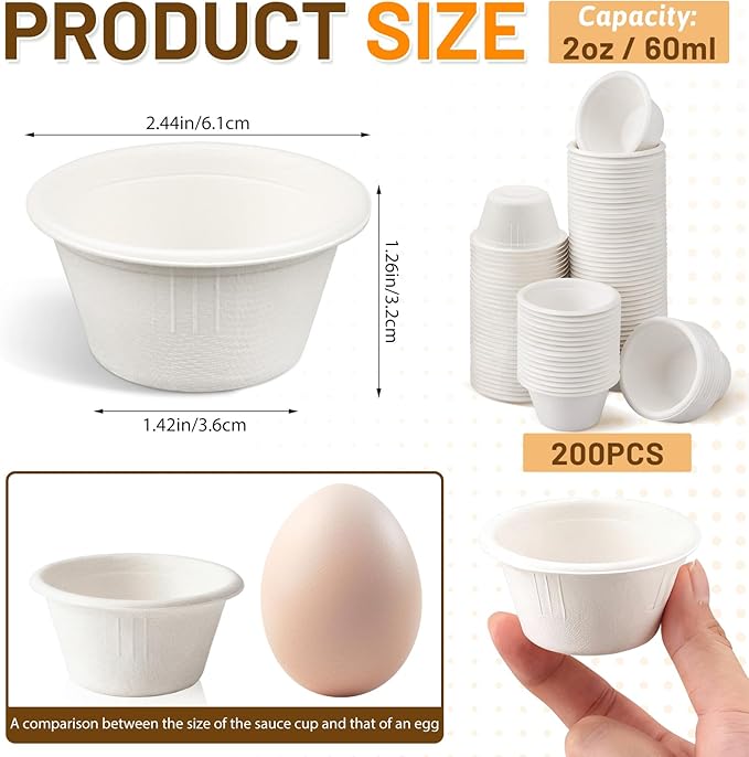 LeonBach 200 Pack 2oz Natural Sugarcane Paper Bowls, Compostable Paper Condiment Snack Sample Tasting Serving Cups Biodegradable Food Containers Small Dipping Cup, White