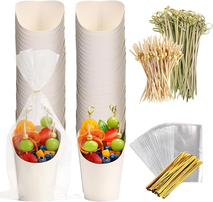 Disposable Charcuterie Cups 120 PCS with 200PCS Sticks and 120PCS Bags, 14 oz Kraft Paper Snack Boxes Appetizers Cup French Fry Holder with Cocktail Skewers Toothpicks Tooth Picks, White