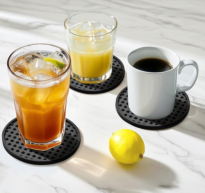 Coasters for Drinks, Silicone Coasters Set of 12 with ABS Holder, Outdoor Coaster for Coffee Table, Non-Slip Rubber Table Cup Mat Desk, Heat Resistant & Scratch-Proof (Black)