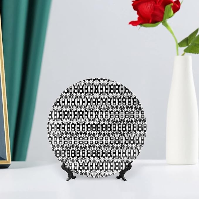 Ceramic Plates, Abstract Decorative Ceramic Plates, Monochrome Squares of Motif Grid Design Geometric, 8 Inch, for Dining, Parties, Wedding, Black White