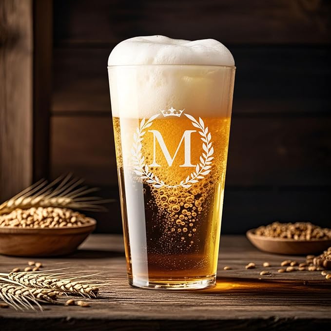 Personalized Beer Glasses Gifts for Men, 16 oz Pint Glasses Monogrammed A-Z Drinking Glass Cups Customized Gift, Unique Christmas Anniversary Birthday Gifts for Men Him Dad Brother Husband Grandpa (M)
