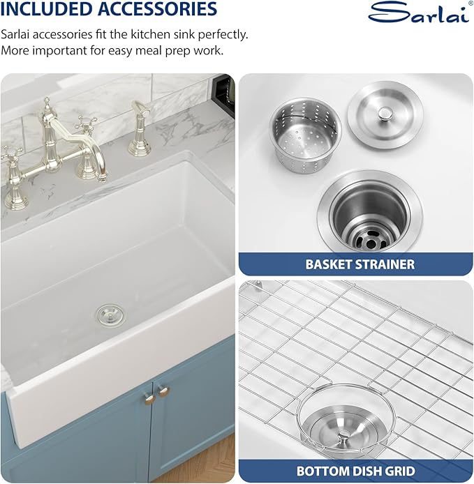 Sarlai 36 White Farmhouse Sink - 36 x 20 Inch Farm Kitchen Sink Apron Front Single Bowl Reversible Ceramic Porcelain Vitreous Fireclay Single Bowl Farmer Sinks Basin