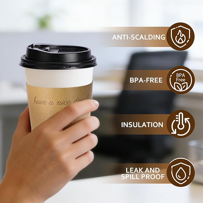 500 Pack 16 oz Disposable Paper Coffee Cups, Paper To Go Cups with Lids, Sleeve and Straw, Hot Paper Cups for Home, Office and Party (White 16oz)