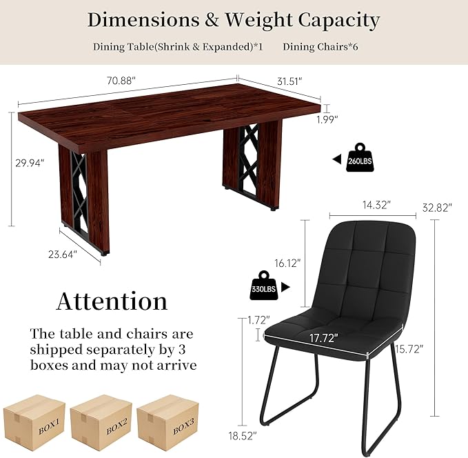 7-Piece Dining Table Set for 6 People, 70.8" MDF Kitchen Table with 6 Upholstered Chairs, Space-Saving for Dining Room, Breakfast Nook(Walnut Table+6 U-Shaped Black Chairs)