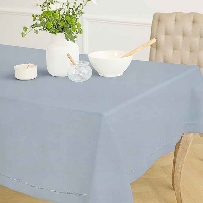 Solino Home Dusty Blue Linen Tablecloth 60 x 120 Inch - 100% Pure Linen Hemstitch Table Cloth for Rectangle Tables - Classic Hemstitch, Machine Washable Tablecloth for Winter, Spring, Easter