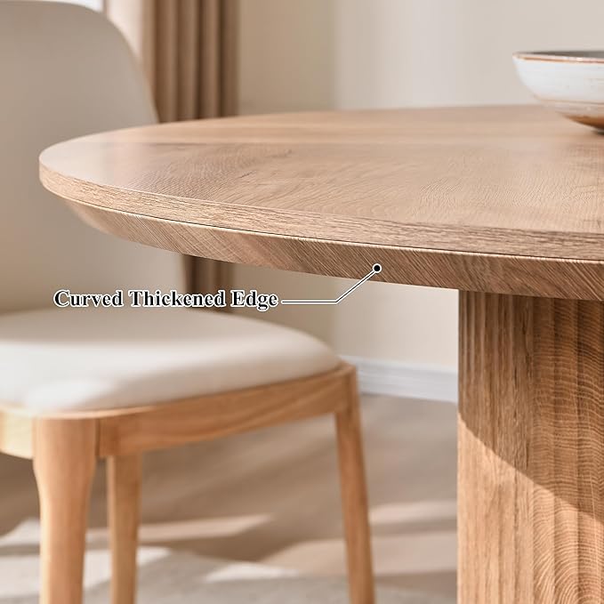 T4TREAM 47" Fluted Round Dining Table for 4-6, Mid-Century Modern Kitchen Table with Thickened Edge & Cylindrical Base for Dining Room, Kitchen, Living Room,Light Knotty Oak(Table Only)