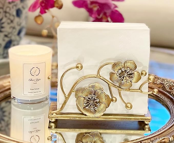 Gold Orchid Blooms Napkin Holder| Exquisite Orchid Flowers & Faux Crystals Design| Vertical Iron Metal Disposable Tissue Paper Towel Tabletop Dispenser Organizer| Bathroom Kitchen Hotel
