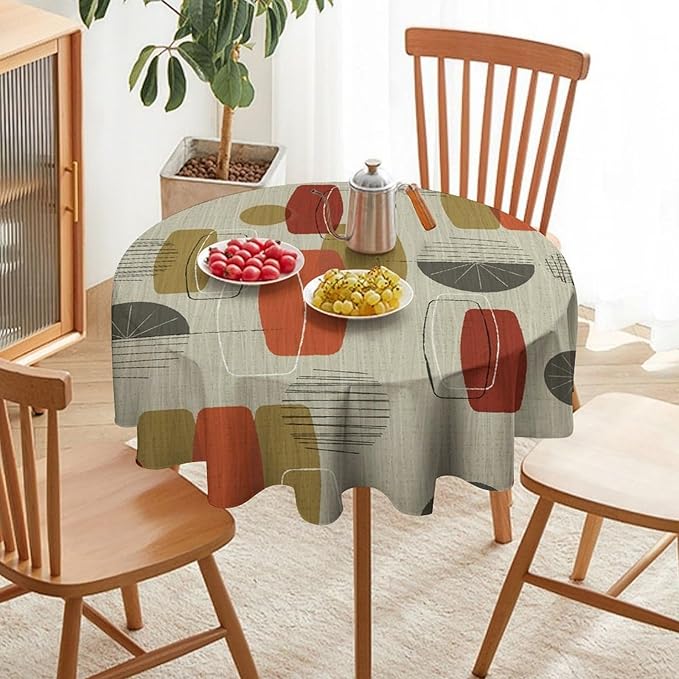 Retro Medieval Bohemian Round Tablecloth, Modern Mid Century Geometric Abstract Print Tablecloth for Home Party Dining Room Kitchen Decor 36Inch(90cm)