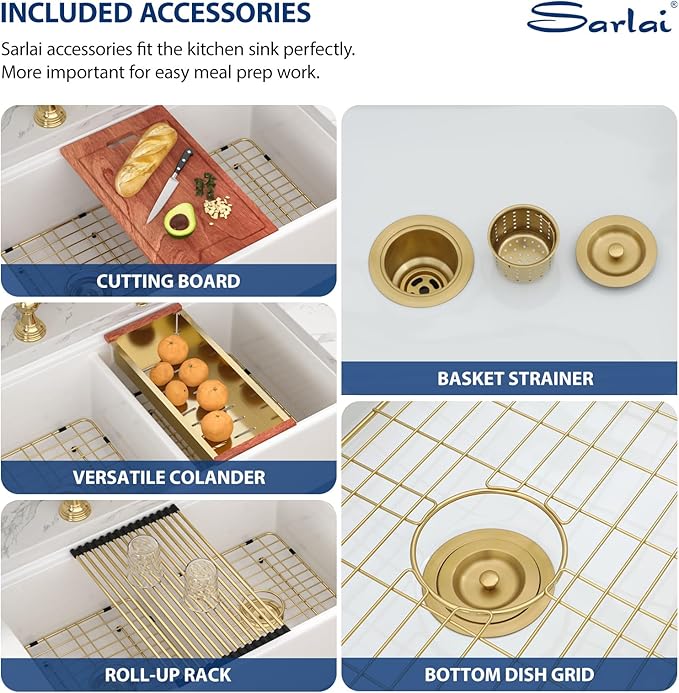 Sarlai 33 White Farmhouse Kitchen Sink Double Bowl - 33x20 Inch Apron Front Kitchen Sink Workstation Reversible Undermount Ceramic Fireclay Farmer Sinks Basin With Gold Accessories