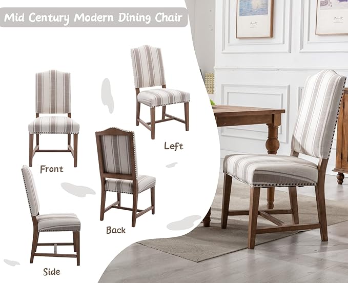 CIMOTA Mid Century Modern Dining Chairs Set of 2, Farmhouse Upholstered Dining Room Chairs Comfortable Kitchen Side Chairs with High Back/Natural Solid Wood Frame, Linen Brown/Beige Stripe