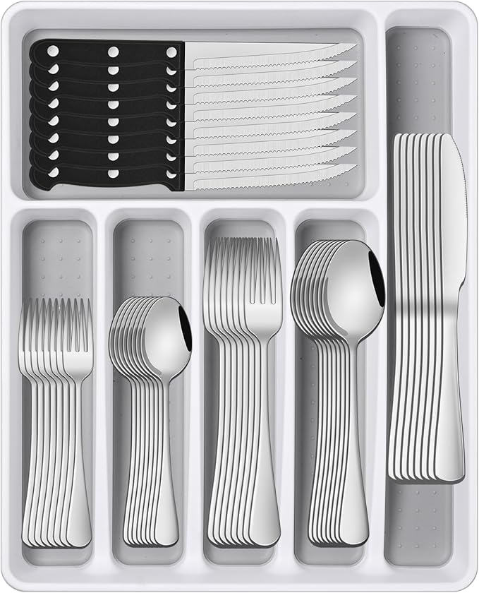 49 Pieces Silverware Sets With Organizer And Steak Knives,Stainless Steel Flatware Sets Service For 8 Person For Home Kitchen,Tableware Cutlery Sets,Includes Knife Spoon and Forks Sets