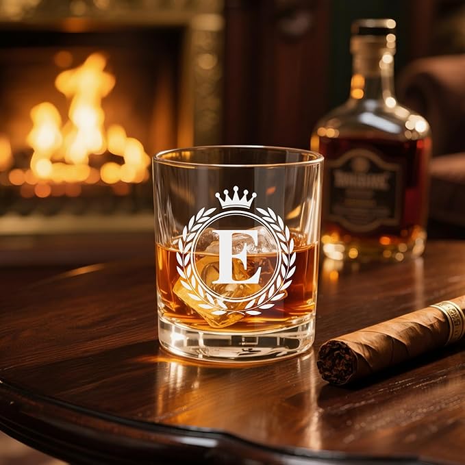 Whiskey Glasses - Rocks Old Fashioned Glass Gifts for Men, Monogrammed A-Z 10oz Personalized Whisky Glasses, Christmas Birthday Gifts for Men Him Dad Father Husband Brother Son (E)