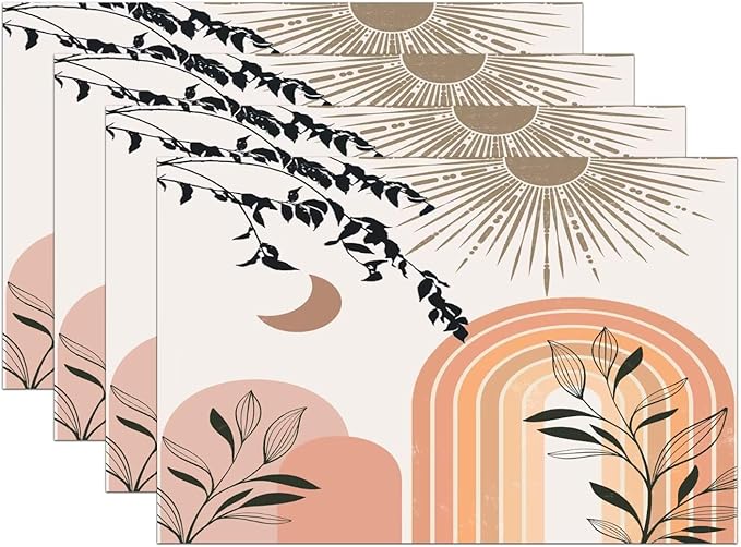 Mid Century Abstract Boho Placemats Geometric Leaf Sun Minimalist Modern Cafe Washable Place Mats 12x18Inch for Dining Kitchen Farmhouse Decor 4 PCS