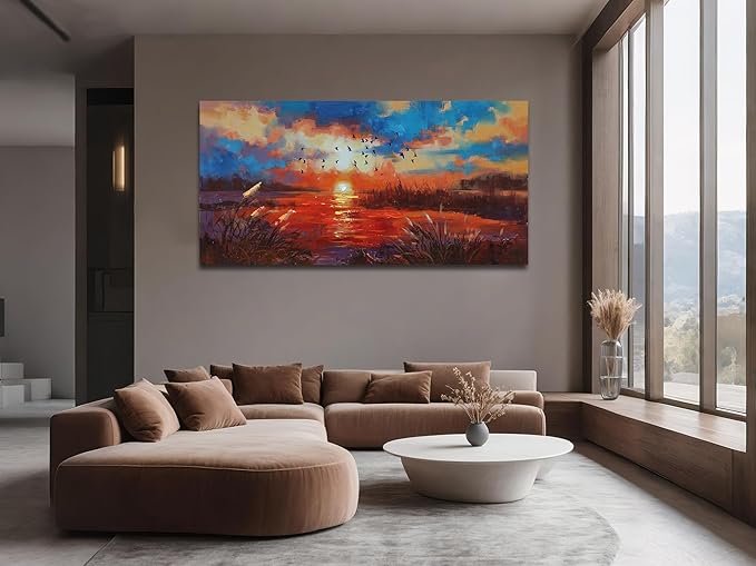 Anolyfi Red Sunset Reed Canvas Wall Art for Living Room, Sunset over the Lake Wall Decor Decorative Painting Large Artwork for Men Room Hallway Bedroom Kitchen Office Home Decor 40"x20"