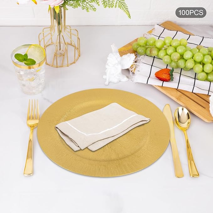 100 Pcs Antique Charger Plates Bulk, 13in Reusable Serving Plates Embossed Rim Plastic Party Dinner Plate Chargers Round Decorative Server Plate for Wedding Party Event Tableware