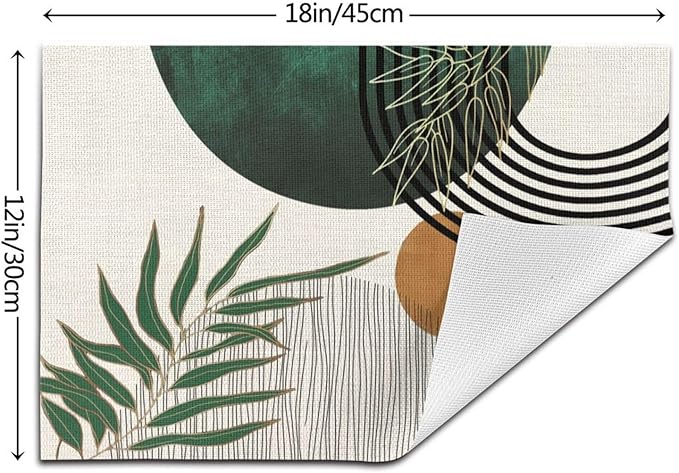 Mid Century Placemats 12x18 Inches Set of 4, Boho Green Gold Tropical Leaf Decorative Rectangle Table Mats for Party Home Kitchen Dining Table Decoration