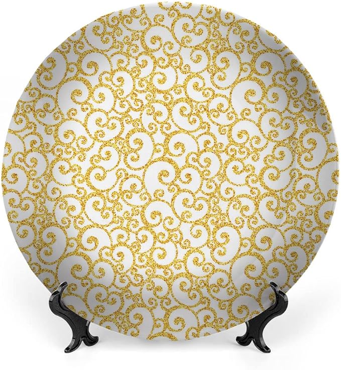 Ceramic Display Plate, Victorian Ceramic Hanging Decorative Plate, Swirling Lines Floral, 10 Inch, Household Custom Ceramic Plate, Golden