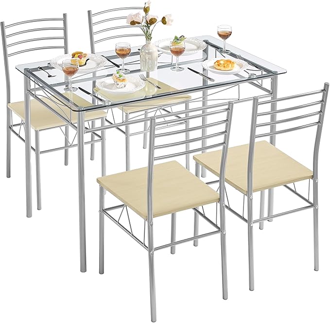 VECELO Dining Table Set for 4, 5-Piece Glass Kitchen Table with Chairs for Small Space, Breakfast Nook, Space-Saving, Silver