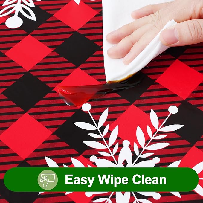 Smiry Christmas Rectangle Table Cloth, Waterproof Vinyl Tablecloth with Flannel Backing, Wipeable Bufflo Checked Snowflake Plastic Tablecloths for Christmas Table Decorations, (60"x102", Black & Red)