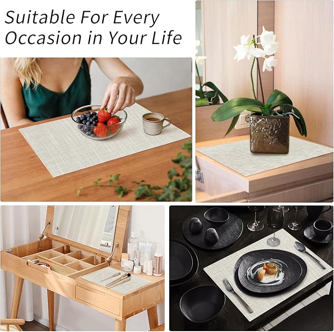 Beige Cloth Placemats Set of 6 - Washable Dining Table Mats Cloth Place Mats for Kitchen Place Mats Rectangle Farmhouse Fall Placemats for Indoors & Outdoors, Easy to Clean 12 x 18 Inch