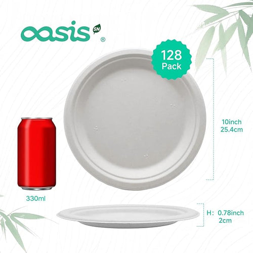 10 Inch 128 Pack Compostable Disposable Paper Plates, Large Round Dinner Plates, Heavy Duty Sugarcane Bagasse, Biodegradable Eco-Friendly for Parties & Daily Use, White