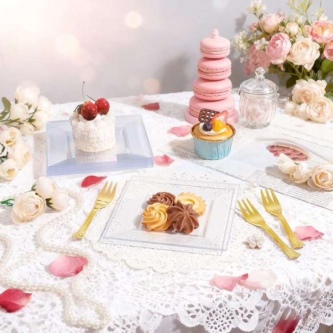 200pcs Square Dessert Plates Includ 100pcs 6inch Appetizer Plates,100pcs 5inch Plastic Forks,Clear Dessert Plates Disposable Appetizer Plates Serve 100 Guests For Wedding Party&Valentine's Day