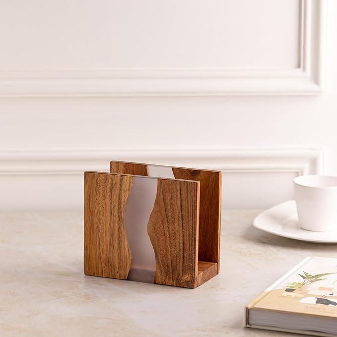 Acacia wood & Transparent Epoxy resin Napkin holder for table, Rustic farmhouse napkin organisation for kitchen, dining, counter tops, restaurant or outdoors | 6x5x2.5 inches|(Gray)