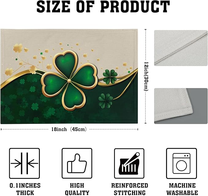 Green Shamrock Placemats - St Patricks Day Place Mats Set of 4 Clover Table Mats 12x18 for Party Dining Table
