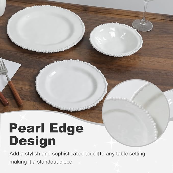 White Pearl Melamine Dinnerware Set, 12-Piece Plastic Dinner Dishes Set, Service for 4 Unbreakable Kitchen Plates and Bowls Set