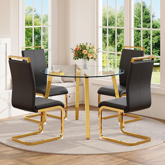 42" Round Glass Dining Table Set for 4,Modern Breakfast Table Set for 4 with Luxury Gold Chrome Legs,Space Saving Kitchen Table and Black Chairs for Apartment,Easy Assembly