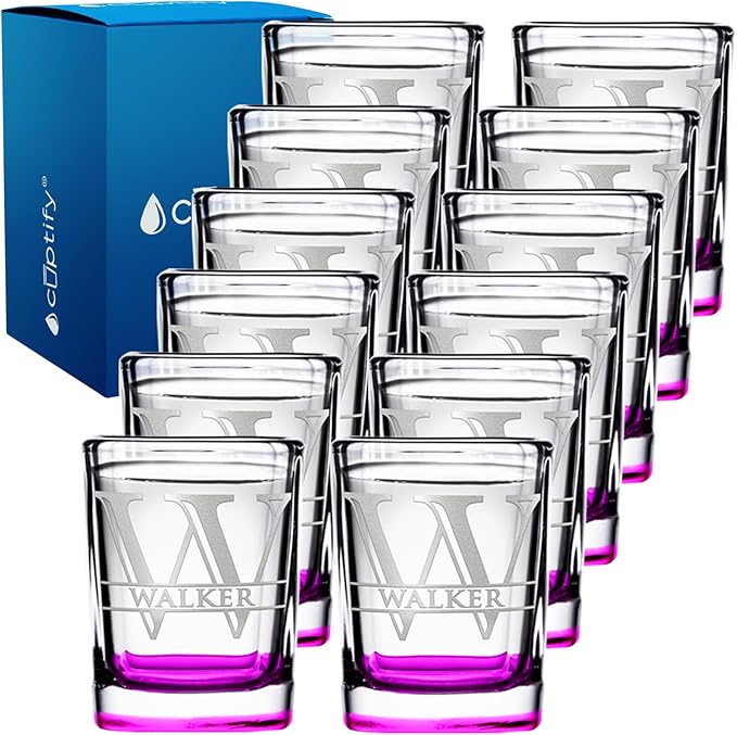 Personalized Square Shot Glasses Set of 12 Pink Bottom 2oz Engraved Initial and Name Custom Gifts, Weddings, Birthdays, Bachelorette Party and Decorations for Women