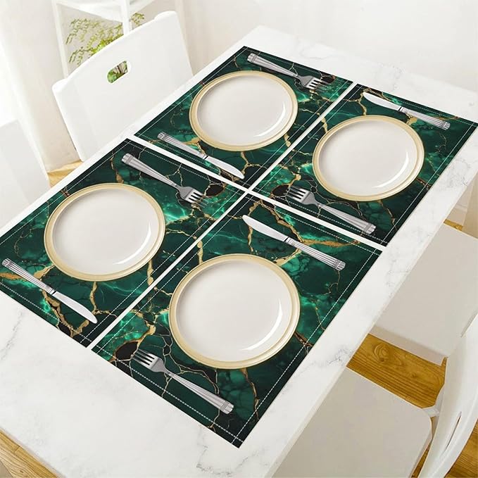 Marble Linen Placemats Set of 4, Modern Luxury Foil Texture Hunter Green White Gold Marble Washable Cloth Place Mats, Non-Slip Dining Table Placemats for Home Kitchen Party Banquets Decor 12x17 Inch