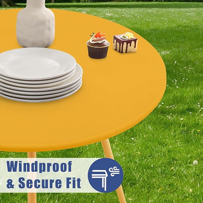 Round Spandex Tablecloth 2 Pack, Elastic Fitted Waterproof Tablecloths for 57"-68" Tables, Stretch Washable Picnic Table Cover for Camping, Dining, Indoor and Outdoor, Mustard Yellow