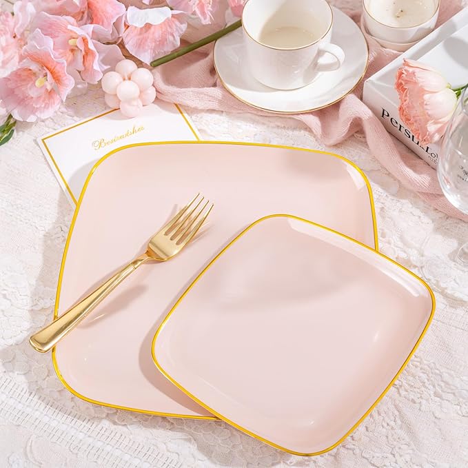 bUCLA 50PCS Pink and Gold Plastic Plates - Heavy Duty Square Pink Disposable - Include 25 Dinner & 25 Dessert Plates for Party & Valentines Day