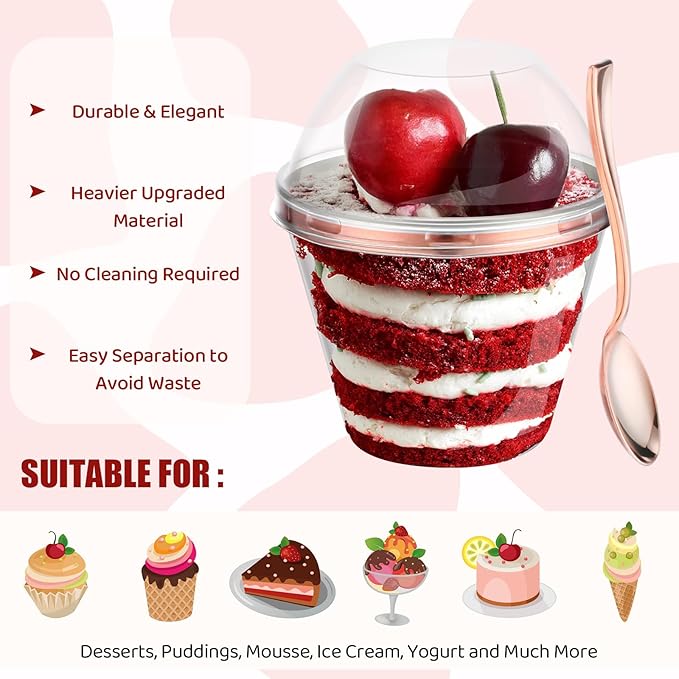 Jinei 50 Sets 9 oz Rose Gold Plastic Dessert Cups with Dome Lids Spoons Rimmed Clear Disposable Plastic Fruit Cups with Lids for Yogurt Parfait Pudding Cupcake Ice Cream Party Wedding Reception