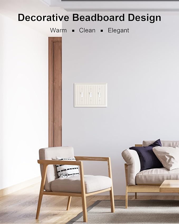 2-Pack Classic Beadboard Triple Toggle Light Switch Cover Plate, Durable Natural Bamboo Fiber Decorative Switch Plate Covers, Light Almond 3 Gang Wall Plate