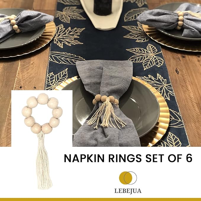 Handmade Napkin Ring with Wood Beads & Jute Twine - Affordable Rustic Wooden Napkin Ring Holder for Table Decoration | Boho Style Farmhouse Napkin Rings | Napkin Rings Set of 6