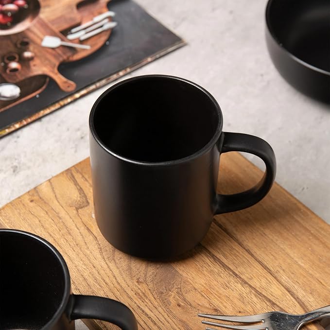 12-Piece Stoneware Dinnerware Set with Mugs | Microwave and Dishwasher Friendly | Stackable Matte Glaze Plates & Bowls | Service for 3 (Black for 3)