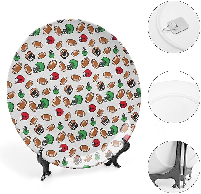 Ceramic Display Plate, American Football Ceramic Hanging Decorative Plate, Cartoon Style Rugby Icons Balls American, 6 Inch, Household Custom Ceramic Plate, Multicolor