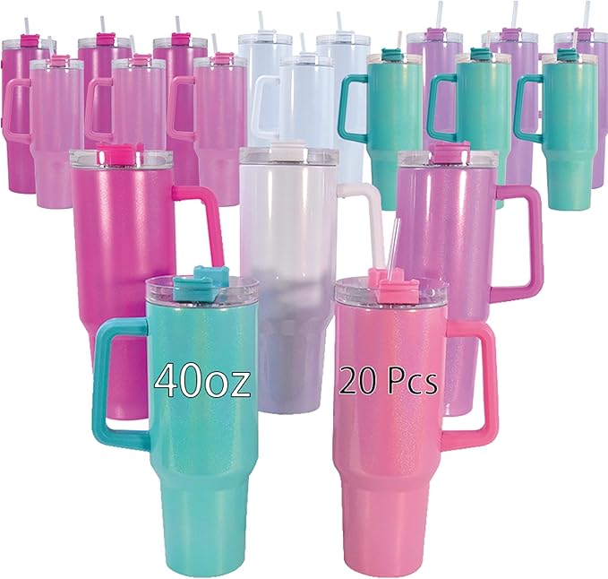 40 oz Sublimation Dazzle-Colour Tumbler with Handle Lid and Straw 20 Pack Stainless Steel Double Wall Vacuum Insulated Cup Tumblers Bulk Sublimation Blank Cupholder Friendly Mixed Colors