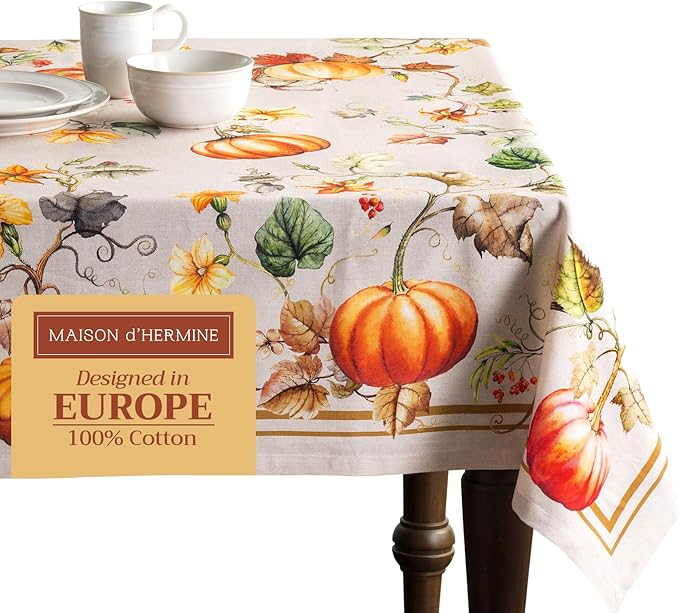 Maison d' Hermine Table Cloth Rectangle Table 100% Cotton 60 x 108 Inches Fall Tablecloth Reusable Everyday Use for Thanksgiving Christmas Decorations Dining Farmhouse Party (Potiron)