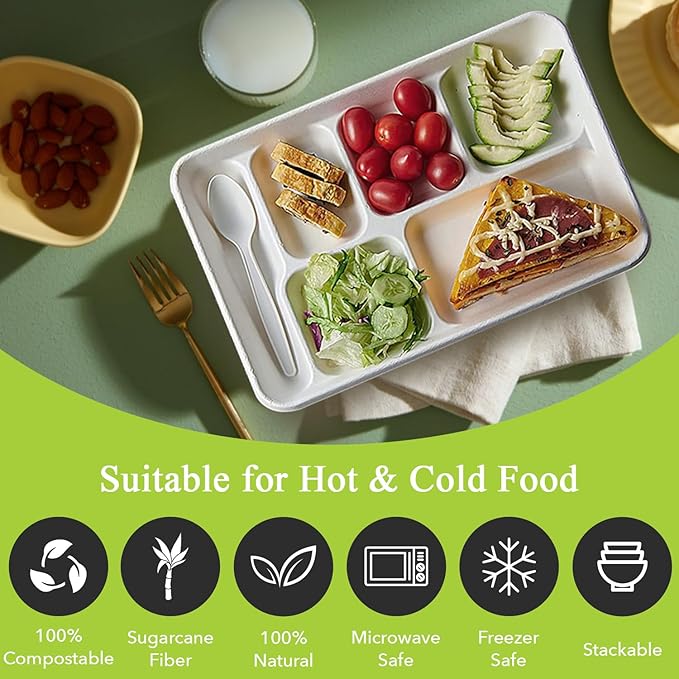three leaf 6 COMPARTMENT BAGASSE TRAY 400 Ct. Heavy-Duty- Super Strong- Natural- Eco-Friendly Disposable Bagasse Plates, 100% Biodegradable 6 Compartment meal Plates