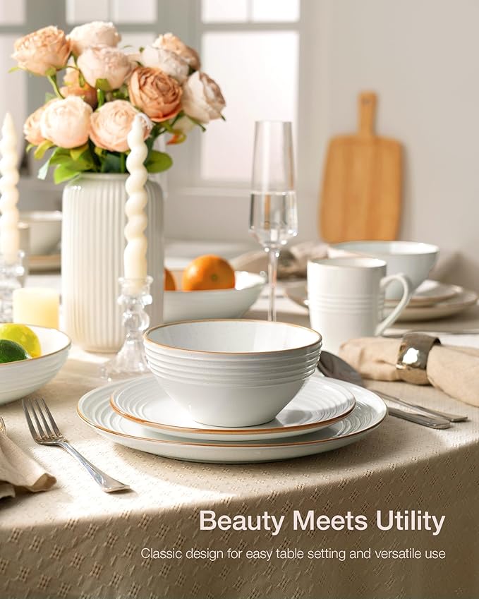 Famiware Jupiter Dinnerware Set with Pasta Bowl, Plates and Double Bowls Dish Sets for 4 (16 Pieces), Microwave and Dishwasher Safe, Chip and Scratch Resistant, White