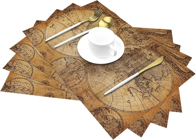 Vintage World Map Placemats Set of 4 Old Paper Retro Style Nostalgic Historical Wipeable Table Mats Reusable Washable PVC Rectangle Place Mats for Kitchen Dining Home Decor 12x18 Inches