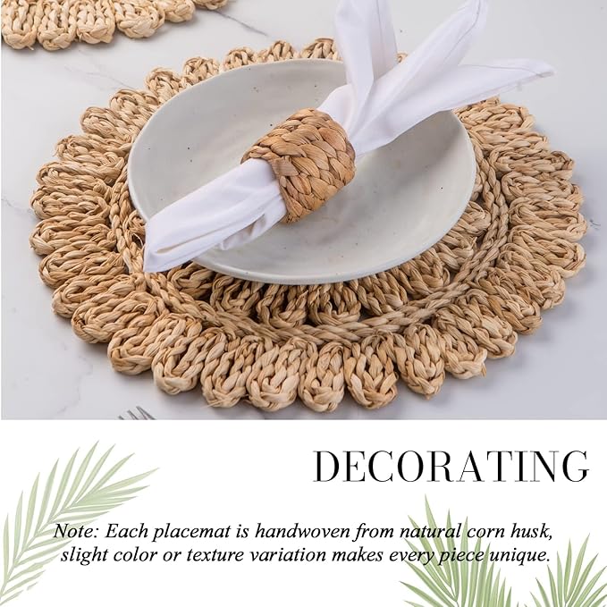 13.8" Set of 6 Round Corn Husk Placemats | Boho Woven Rattan Table Mats | Farmhouse Wicker Spring Plate Chargers Like Water Hyacinth, Seagrass for Wedding, Party, Christmas, Events
