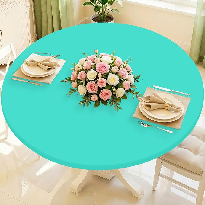 Round Spandex Tablecloth, Elastic Fitted Waterproof Tablecloths for 57"-68" Tables, Stretch Washable Picnic Table Cover for Camping, Dining, Indoor and Outdoor,Aqua Blue