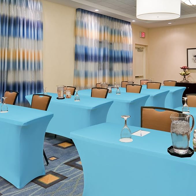 Stretch Table Cover for 6 Foot Tables-6 Pack Light Blue Spandex Fitted Tablecloth-Elastic 6ft Folding Tablecloths for Party, Vendor Booth Display, Banquet Buffet Event, Craft Trade Show