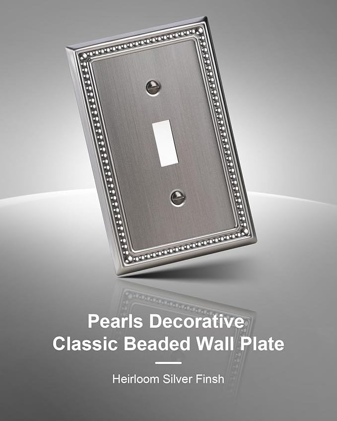 2-Pack Single Toggle Light Switch Cover Plate, Pearls Decorative Switch Plate Covers, Silver 1 Gang Metal Wall Plate, Corrosion Resistant