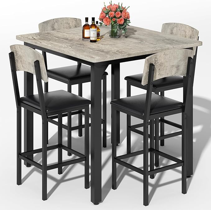AWQM 5-Piece Dining Table Set, Dining Table Set for 4, Counter Height Table & 4 Bar Stools, Modern Kitchen Dining Set, with Upholstered Chairs, Compact Dining Set for Small Spaces, Gray